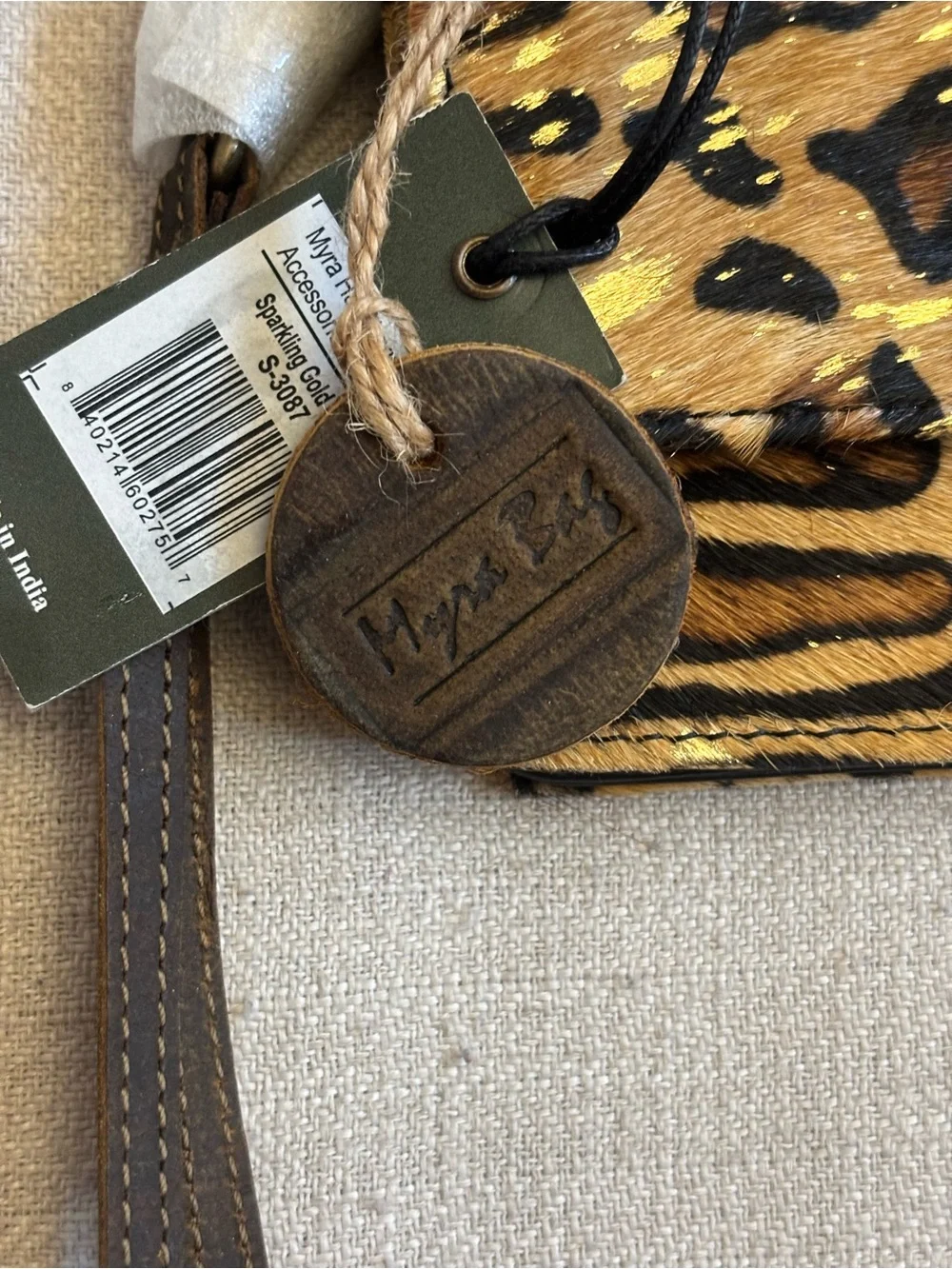 NWT Myra Bag Sparkling Gold Hide Leather Leopard Wallet Wristlet Clutch